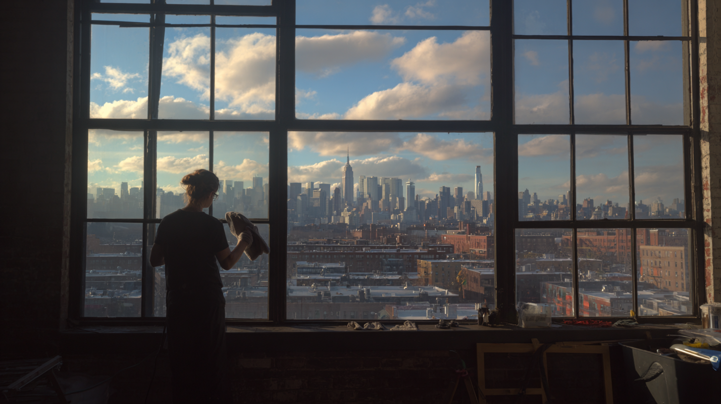 New York City skyline viewed from modern interior